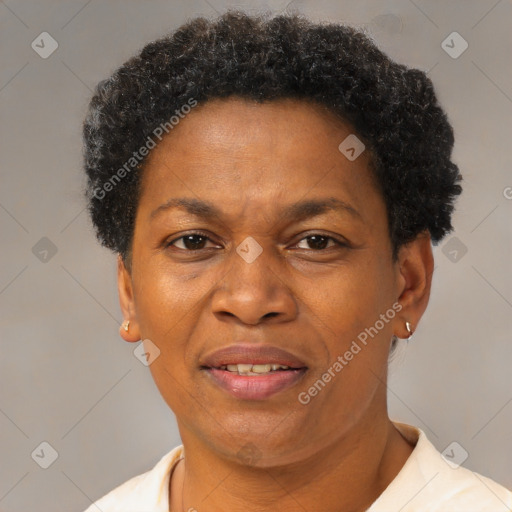 Joyful black adult female with short  brown hair and brown eyes