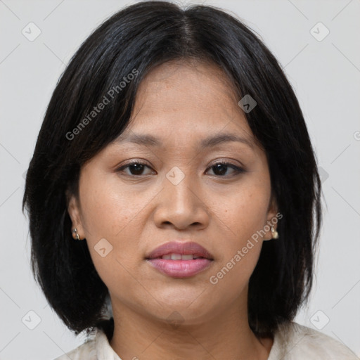 Joyful asian adult female with medium  brown hair and brown eyes