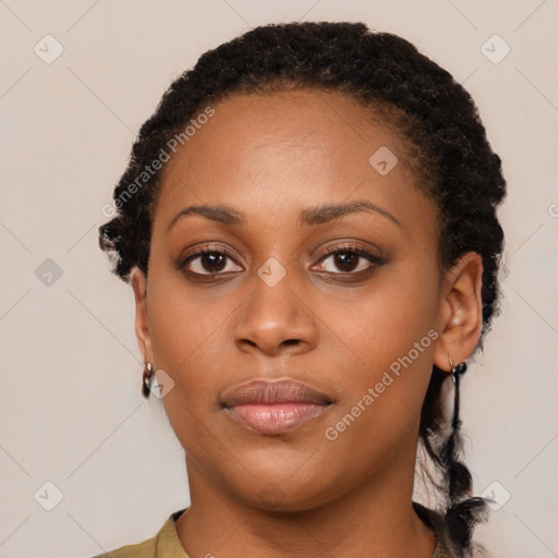 Neutral black young-adult female with short  brown hair and brown eyes