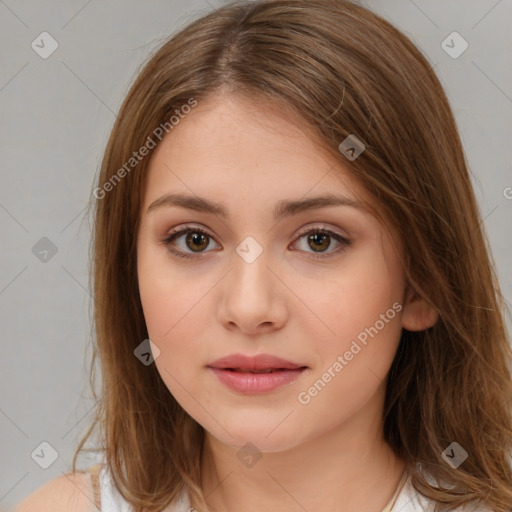 Neutral white young-adult female with medium  brown hair and brown eyes