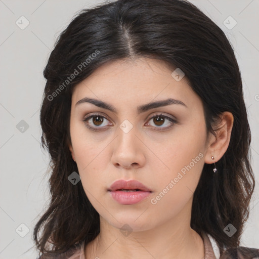 Neutral asian young-adult female with medium  brown hair and brown eyes