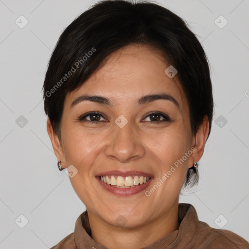 Joyful white young-adult female with medium  brown hair and brown eyes