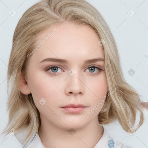 Neutral white young-adult female with medium  brown hair and blue eyes