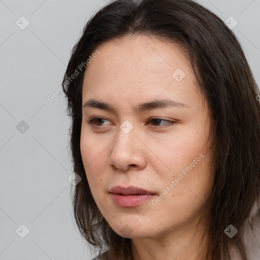 Neutral white young-adult female with long  brown hair and brown eyes