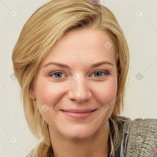 Joyful white young-adult female with medium  brown hair and blue eyes