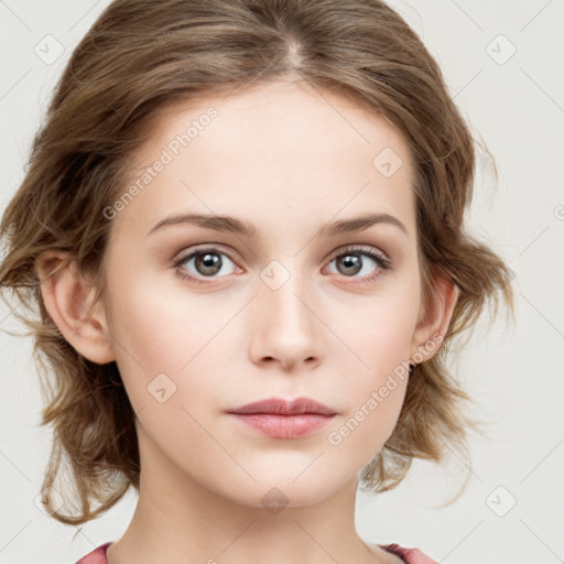 Neutral white young-adult female with medium  brown hair and grey eyes