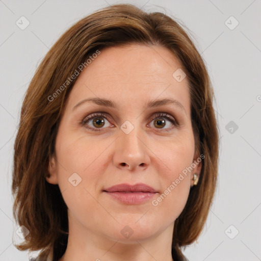 Joyful white adult female with medium  brown hair and brown eyes