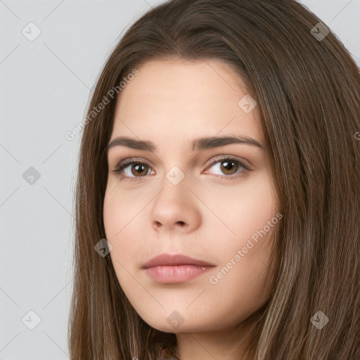 Neutral white young-adult female with long  brown hair and brown eyes