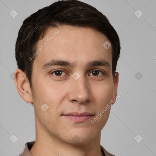 Joyful white young-adult male with short  brown hair and brown eyes