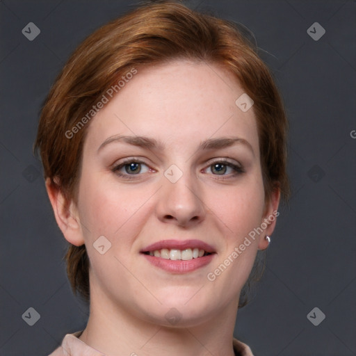 Joyful white young-adult female with medium  brown hair and blue eyes