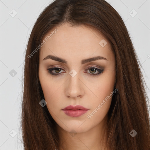 Neutral white young-adult female with long  brown hair and brown eyes