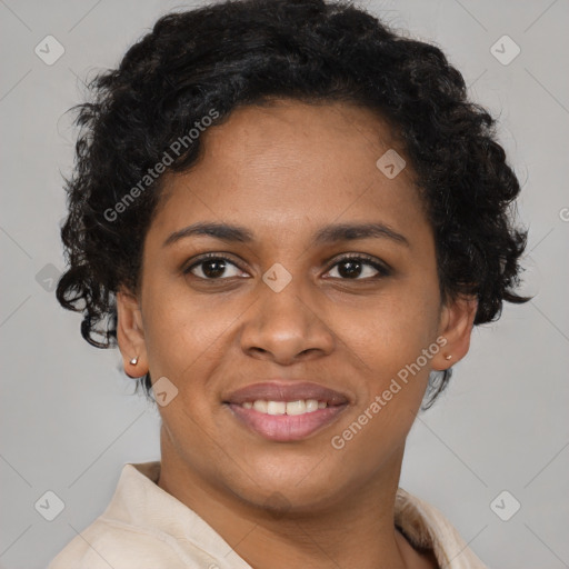 Joyful latino young-adult female with short  brown hair and brown eyes