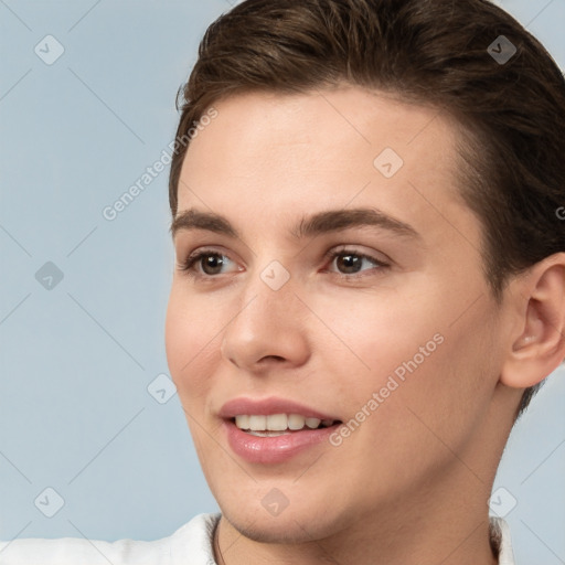 Joyful white young-adult female with short  brown hair and brown eyes