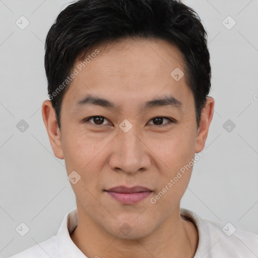 Joyful asian young-adult male with short  brown hair and brown eyes