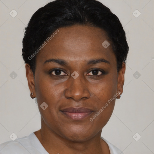 Joyful black young-adult female with short  black hair and brown eyes