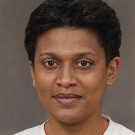 Joyful black young-adult female with short  brown hair and brown eyes