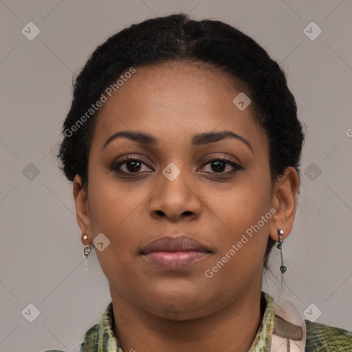 Neutral black young-adult female with short  black hair and brown eyes