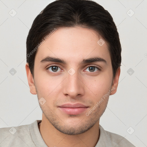 Neutral white young-adult male with short  brown hair and brown eyes