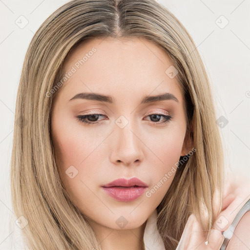 Neutral white young-adult female with long  brown hair and brown eyes