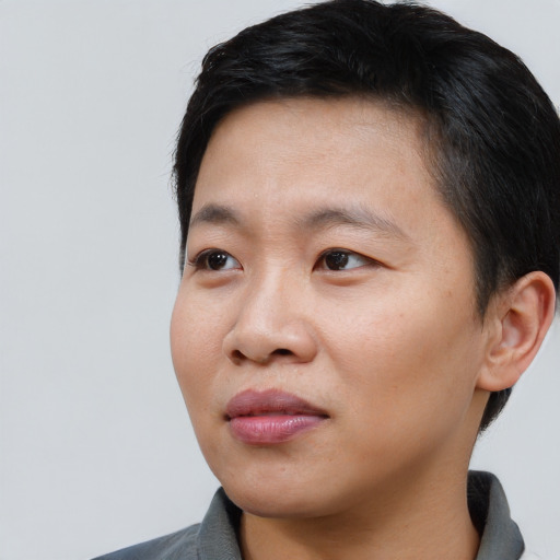 Joyful asian young-adult female with short  black hair and brown eyes