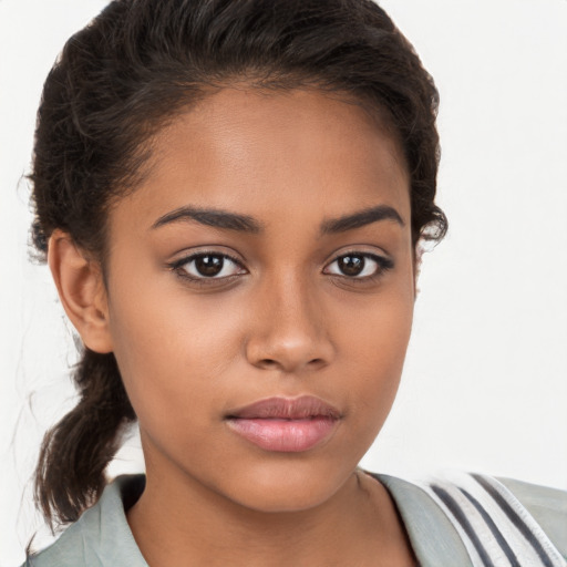 Neutral white young-adult female with medium  brown hair and brown eyes