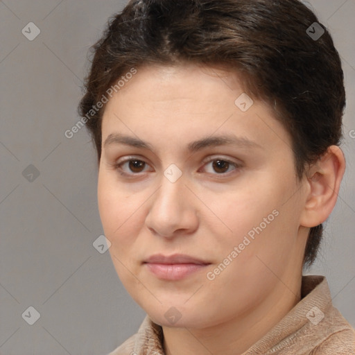 Neutral white young-adult female with medium  brown hair and brown eyes