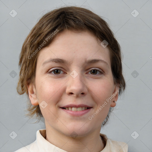 Joyful white young-adult female with medium  brown hair and brown eyes