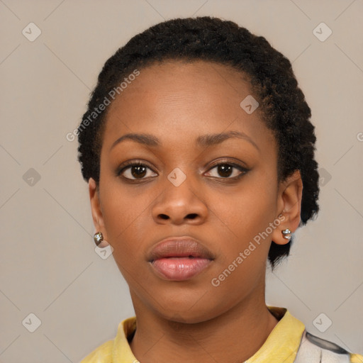 Neutral black young-adult female with short  black hair and brown eyes