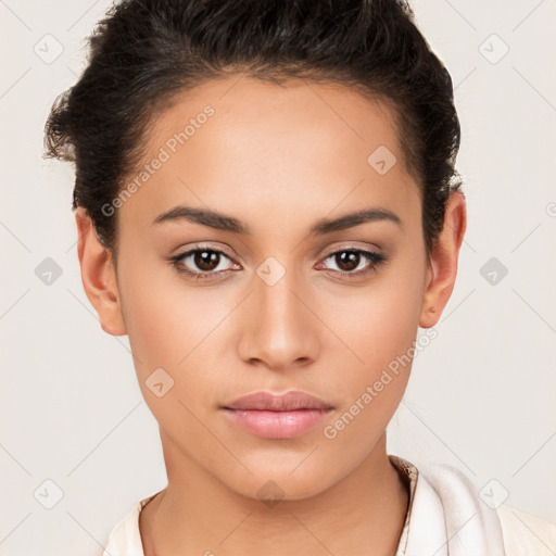 Neutral white young-adult female with short  brown hair and brown eyes