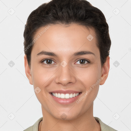 Joyful white young-adult female with short  brown hair and brown eyes