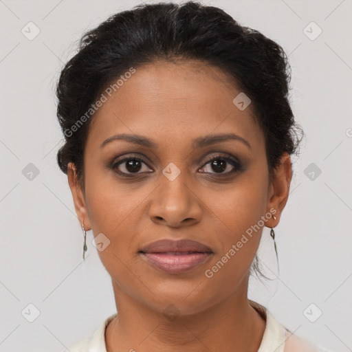 Joyful latino young-adult female with short  brown hair and brown eyes