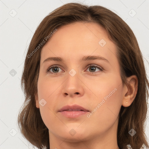 Neutral white young-adult female with long  brown hair and grey eyes