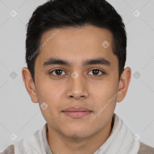 Joyful latino young-adult male with short  brown hair and brown eyes