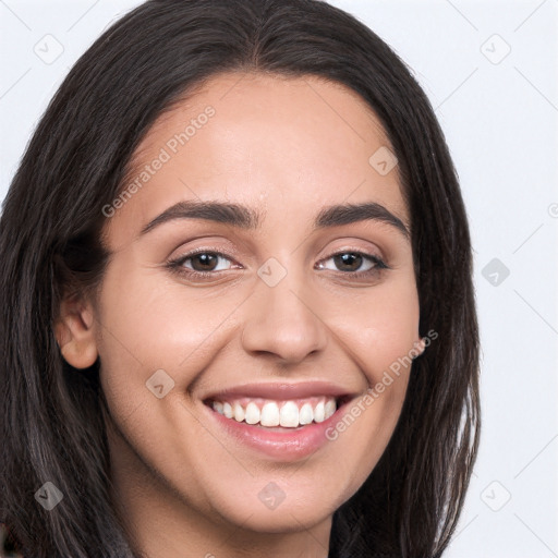 Joyful white young-adult female with long  brown hair and brown eyes