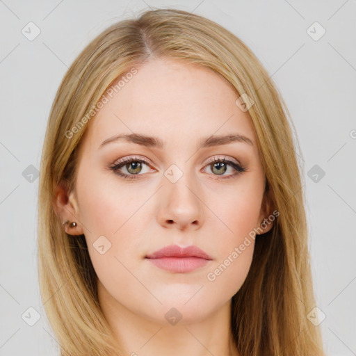 Neutral white young-adult female with long  brown hair and brown eyes