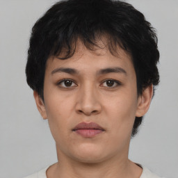 Neutral asian young-adult female with short  black hair and brown eyes