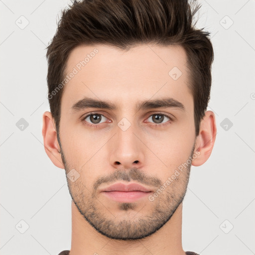 Neutral white young-adult male with short  brown hair and brown eyes