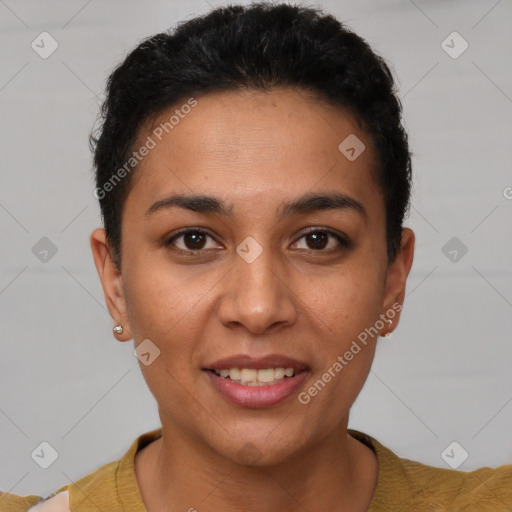 Joyful latino young-adult female with short  brown hair and brown eyes