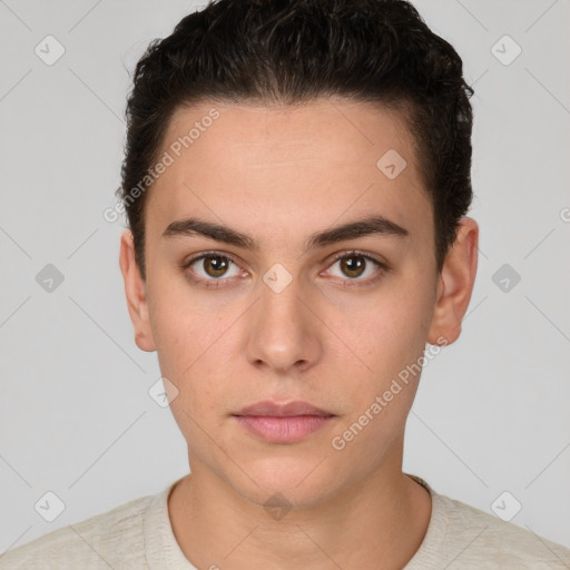 Neutral white young-adult male with short  brown hair and brown eyes