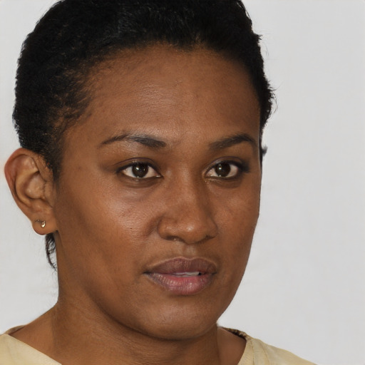 Neutral black young-adult female with short  brown hair and brown eyes