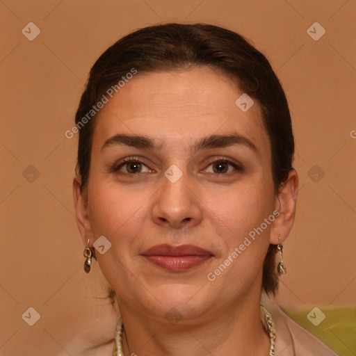 Joyful white adult female with short  brown hair and brown eyes