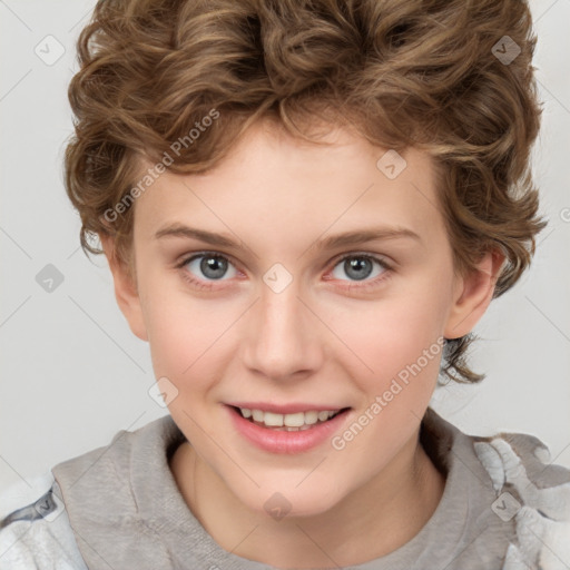 Joyful white child female with medium  brown hair and brown eyes