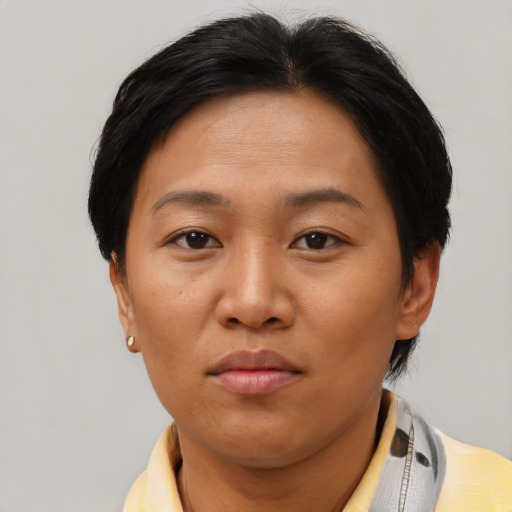 Neutral asian adult female with short  brown hair and brown eyes