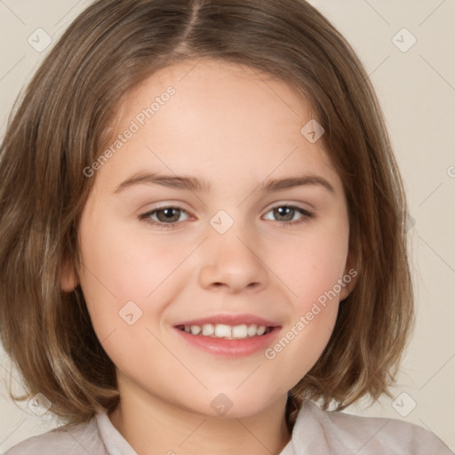 Joyful white child female with medium  brown hair and brown eyes