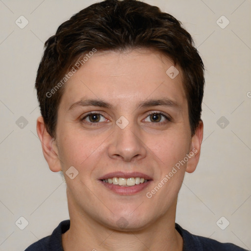 Joyful white young-adult female with short  brown hair and brown eyes