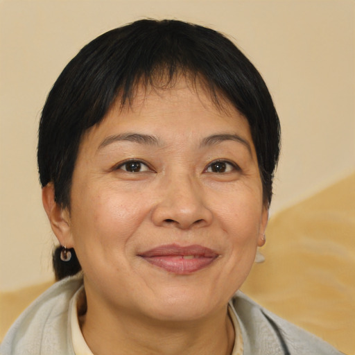 Joyful asian adult female with medium  brown hair and brown eyes