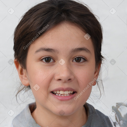 Joyful white child female with medium  brown hair and brown eyes