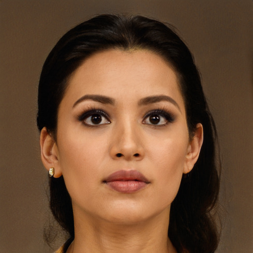 Neutral asian young-adult female with long  brown hair and brown eyes