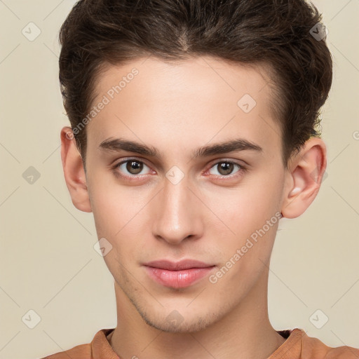 Neutral white young-adult male with short  brown hair and brown eyes