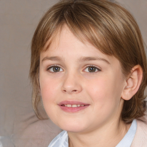 Joyful white child female with medium  brown hair and grey eyes